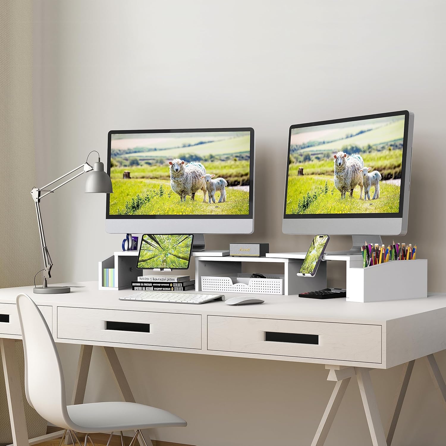 SimpleHouseware Dual Monitor Stand Riser of Adjustable Length and Angle Shelf with Holder and Drawer, White