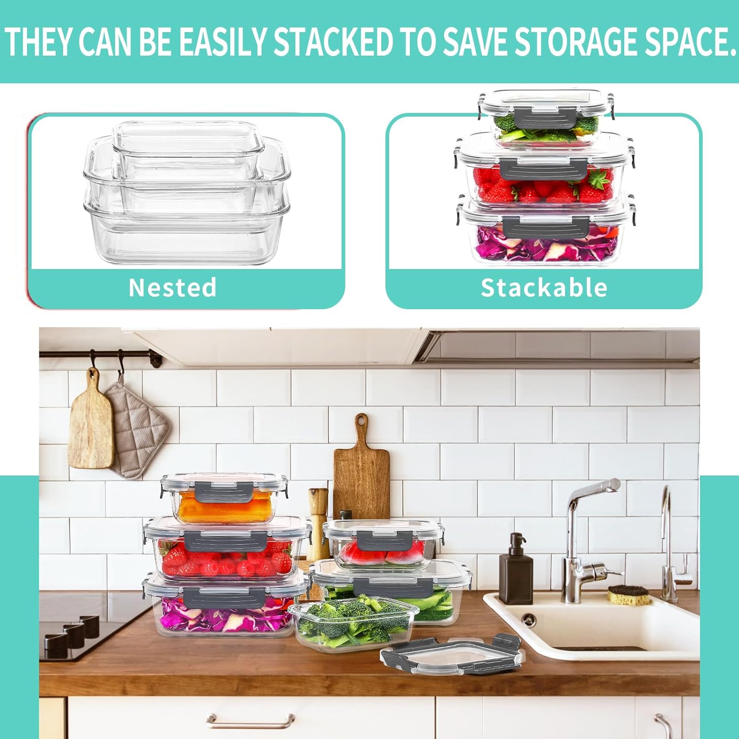 Skroam 10 Pack Glass Food Storage Containers with Lids, Glass Airtight Meal Prep Container Set for Lunch, on the Go, Leftover, Kitchen Pantry Organizers and Storage, BPA Free & Lea
