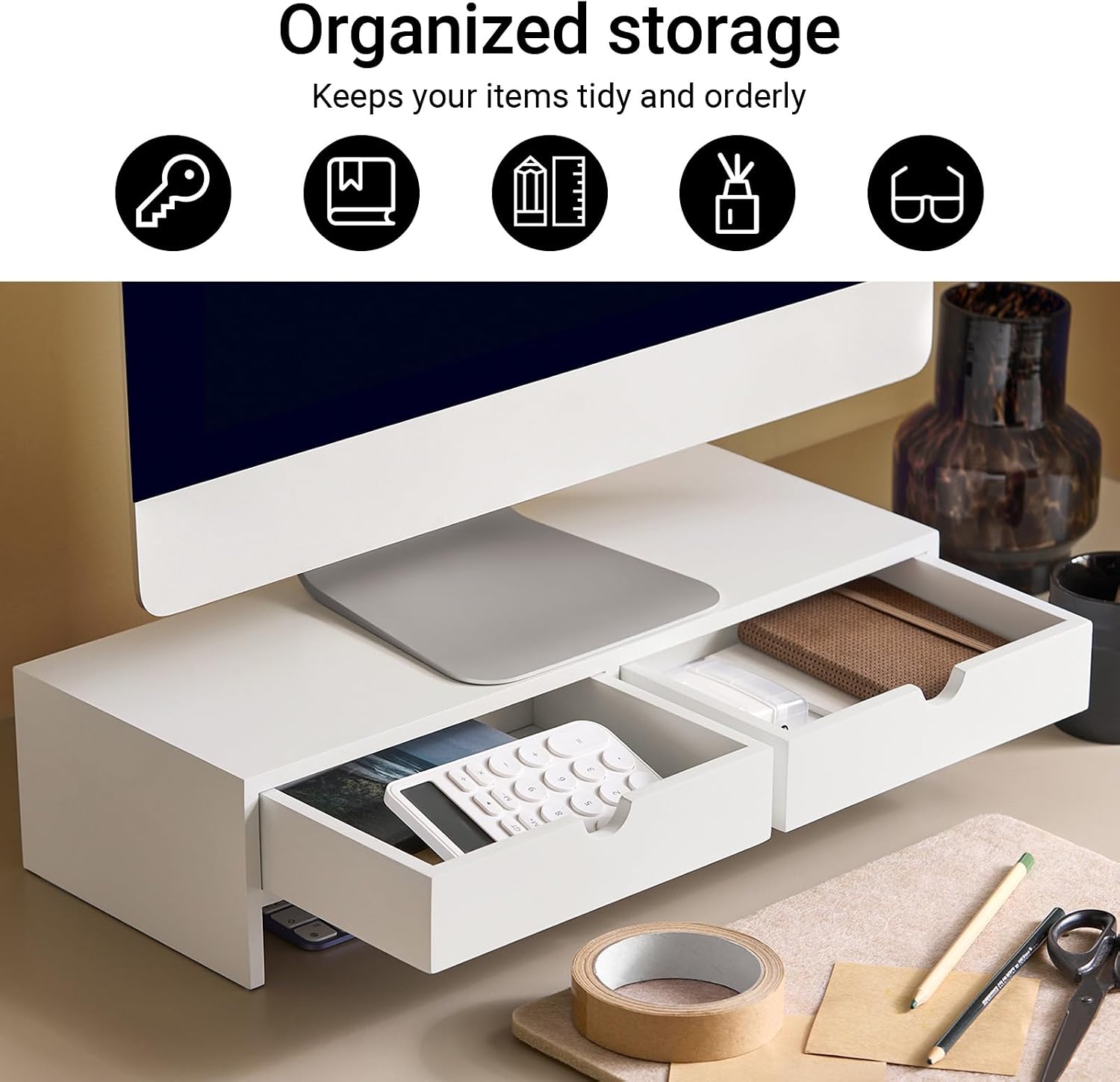 SoBuy Monitor Stand with Drawers for Dual Screens, Fits 32 Inch Monitor | Computer Monitor Riser, VESA Laptop Stand, PC Desktop Organizer Shelf for Office, Home or Gaming Setup, Wh thumbnail 2