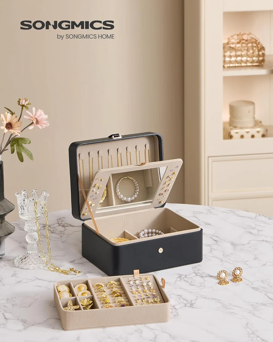 SONGMICS Jewelry Box with Mirror, 2-Layer Organizer