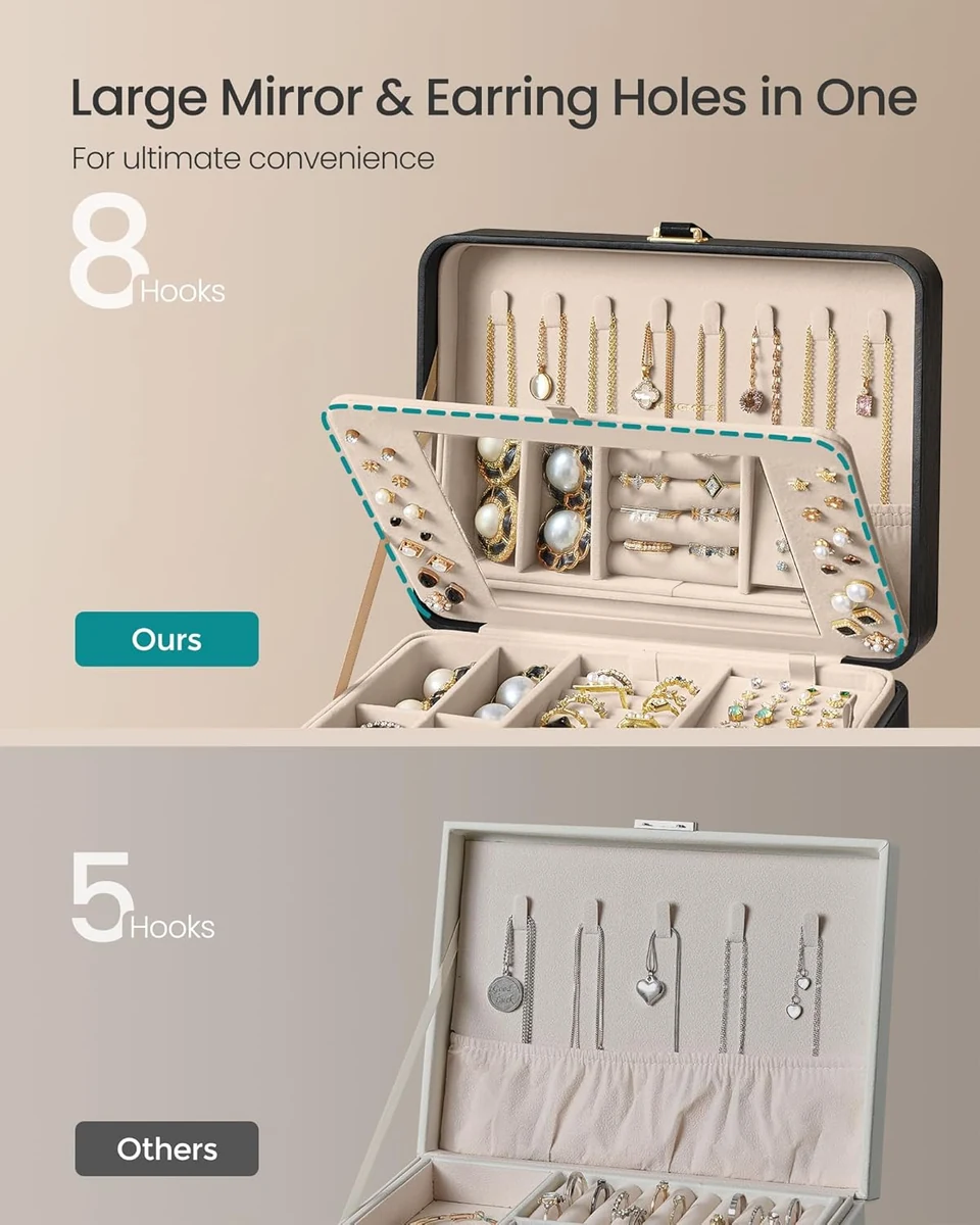 SONGMICS Jewelry Box with Mirror, 2-Layer Organizer
