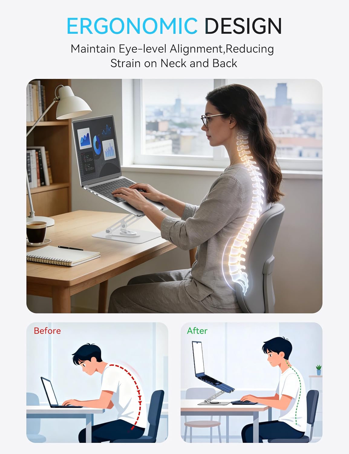 SOUNDANCE Laptop Stand with 360° Rotating Base, Ergonomic Computer Riser for Desk, Adjutable Height Muti-Angle, Foldable Laptop Mount, Stable Metal Holder Support 10-15.6" Notebook thumbnail 5