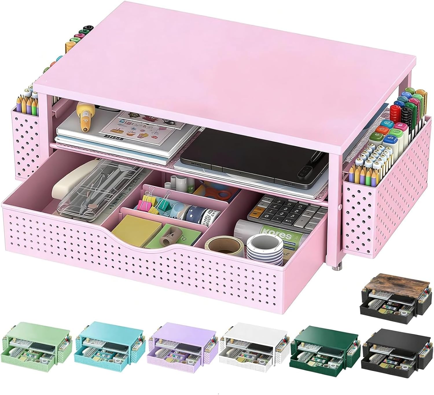 Desk Organizer and Accessories, Wood and Steel Computer Monitor Stand Riser with Drawer and 2 Pen Holders, Office Desk Accessories for Office Supplies, (Pink)