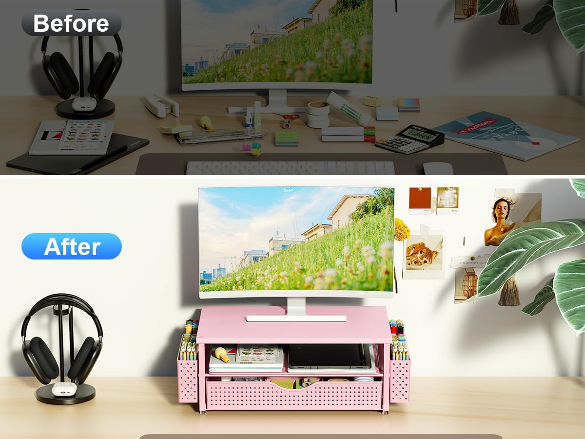 Desk Organizer and Accessories, Wood and Steel Computer Monitor Stand Riser with Drawer and 2 Pen Holders, Office Desk Accessories for Office Supplies, (Pink)