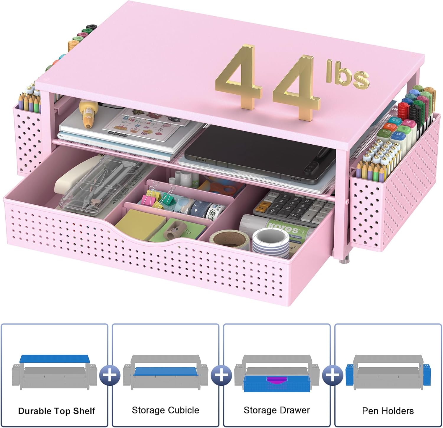 Desk Organizer and Accessories, Wood and Steel Computer Monitor Stand Riser with Drawer and 2 Pen Holders, Office Desk Accessories for Office Supplies, (Pink)