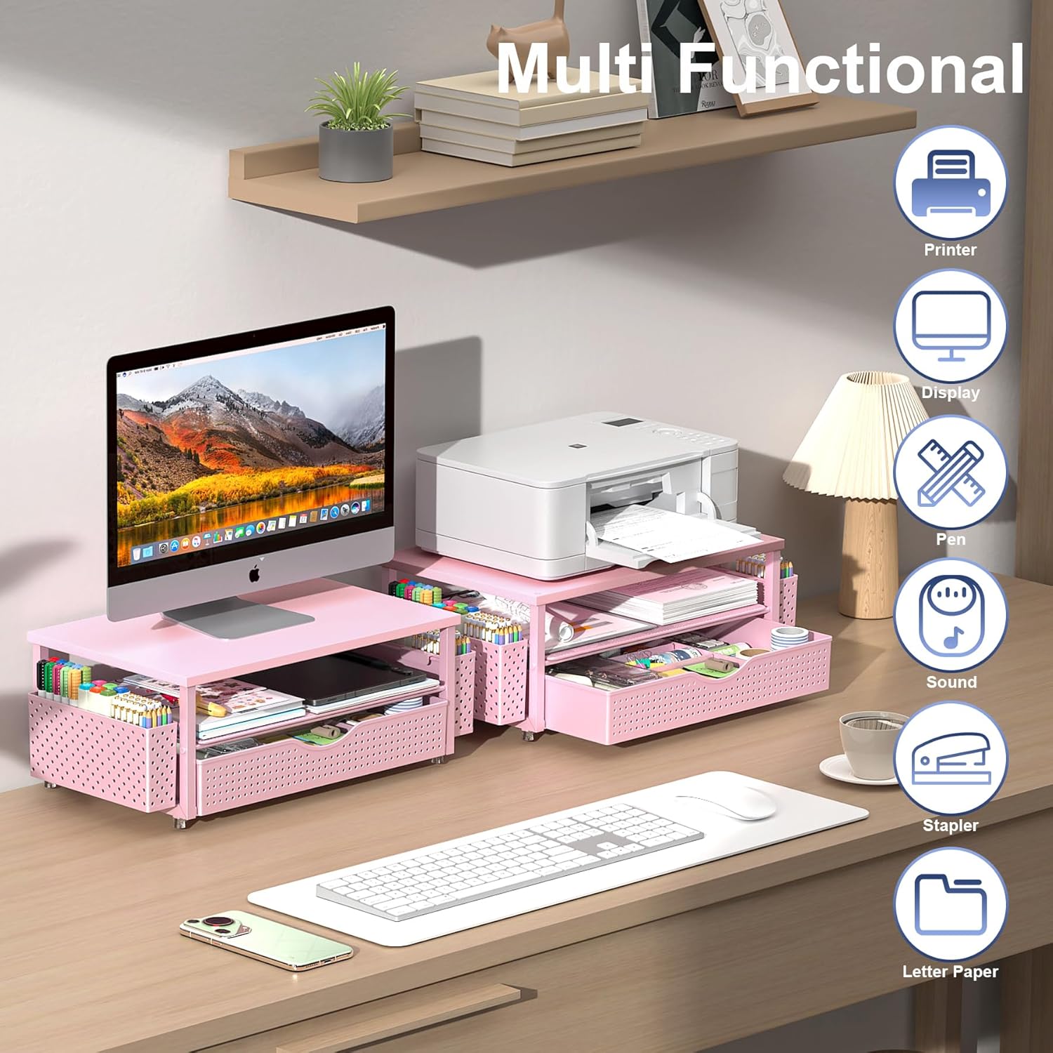 Desk Organizer and Accessories, Wood and Steel Computer Monitor Stand Riser with Drawer and 2 Pen Holders, Office Desk Accessories for Office Supplies, (Pink)