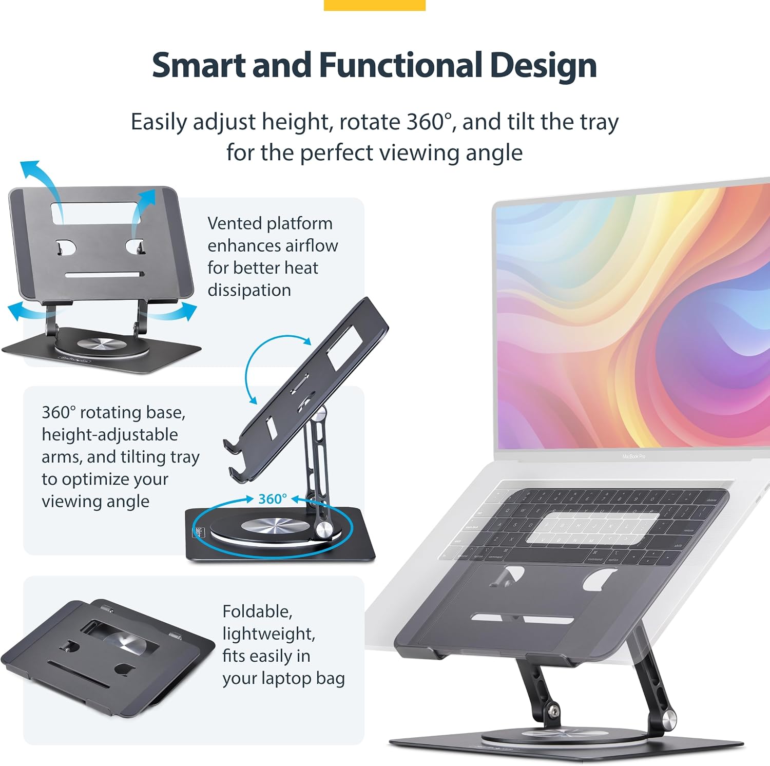 StarTech.com Rotating Laptop Stand, 360 Swivel, Ergonomic Desk Riser for Computer, Adjustable Height/Tilt, 11lb/5kg, Aluminum