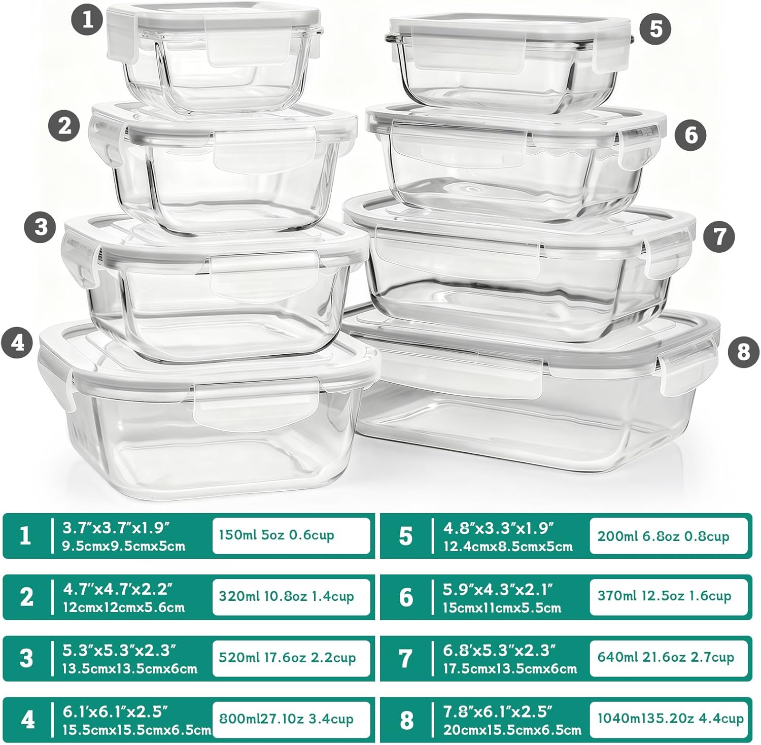 8 pack glass container food storage,meal prep containers with lids,BPA Free and FDA Approved,boite a lunch,Airtight Glass Bento Boxes with Leak Proof Locking Lids,for Freezer,Gray