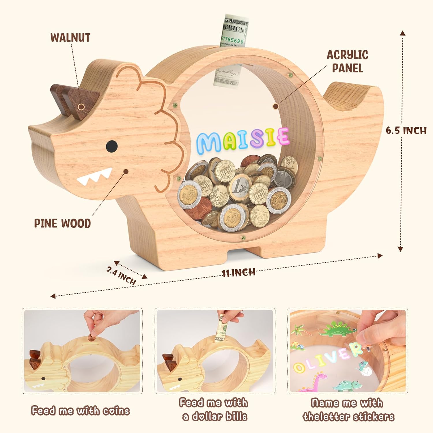 Tirelire dinosaure en bois Summidate