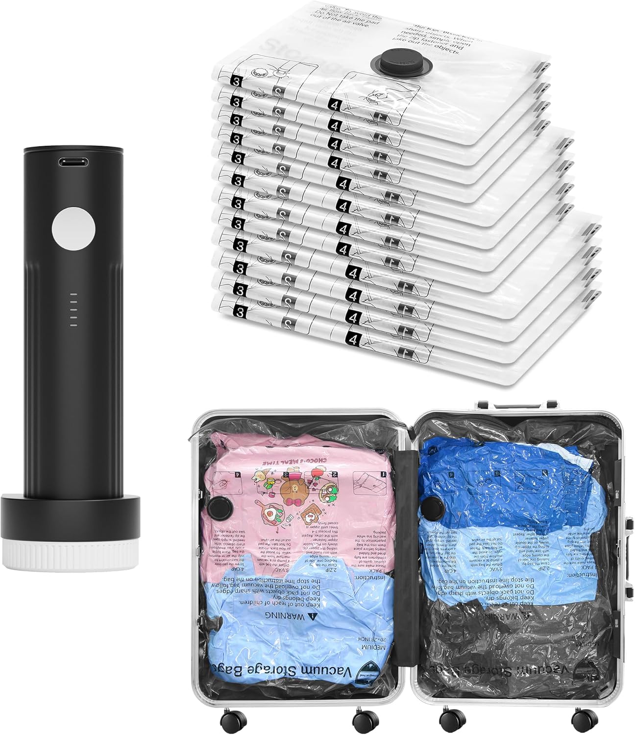 Vacuum Seal Bags for Clothing Travel and Home Storage, Travel Vacuum Bags with Electric Pump, Space Saver Compression Packing Cubes for Luggage Suitcase Bedding Blankets Clothes, 1