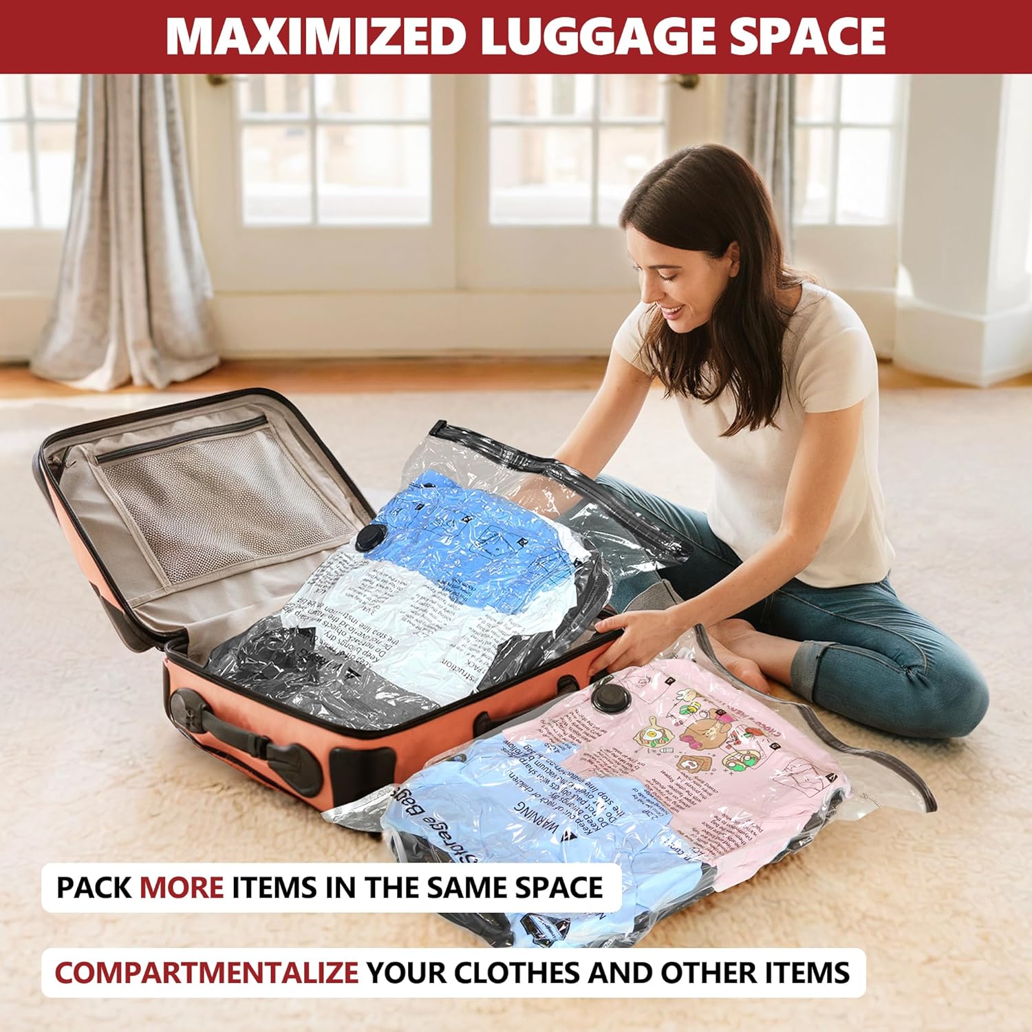 Vacuum Seal Bags for Clothing Travel and Home Storage, Travel Vacuum Bags with Electric Pump, Space Saver Compression Packing Cubes for Luggage Suitcase Bedding Blankets Clothes, 1