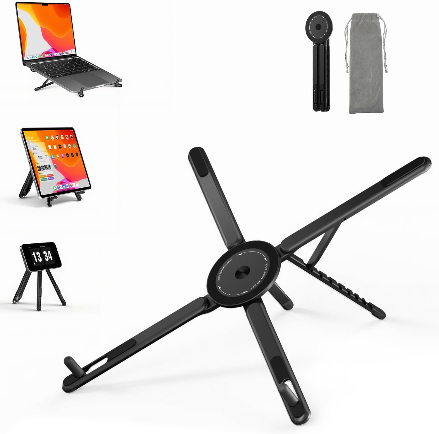 SupeDesk Adjustable Laptop Stand, 3-in-1 Magnetic Foldable Stand for Laptop, Tablet & Phone, Portable Aluminum Laptop Riser with Multi-Angle Support for Desk, Home & Travel, Black