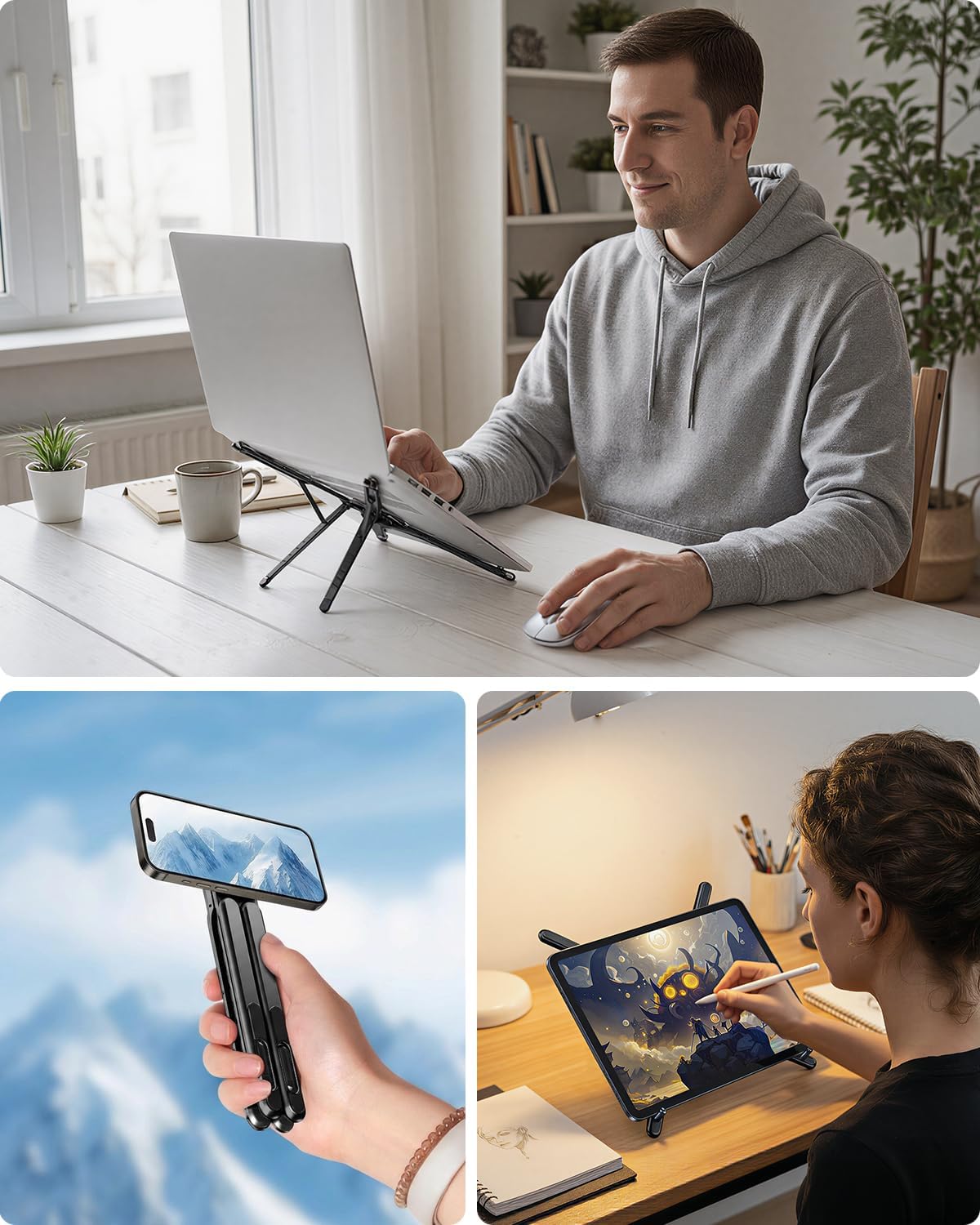 SupeDesk Adjustable Laptop Stand, 3-in-1 Magnetic Foldable Stand for Laptop, Tablet & Phone, Portable Aluminum Laptop Riser with Multi-Angle Support for Desk, Home & Travel, Black