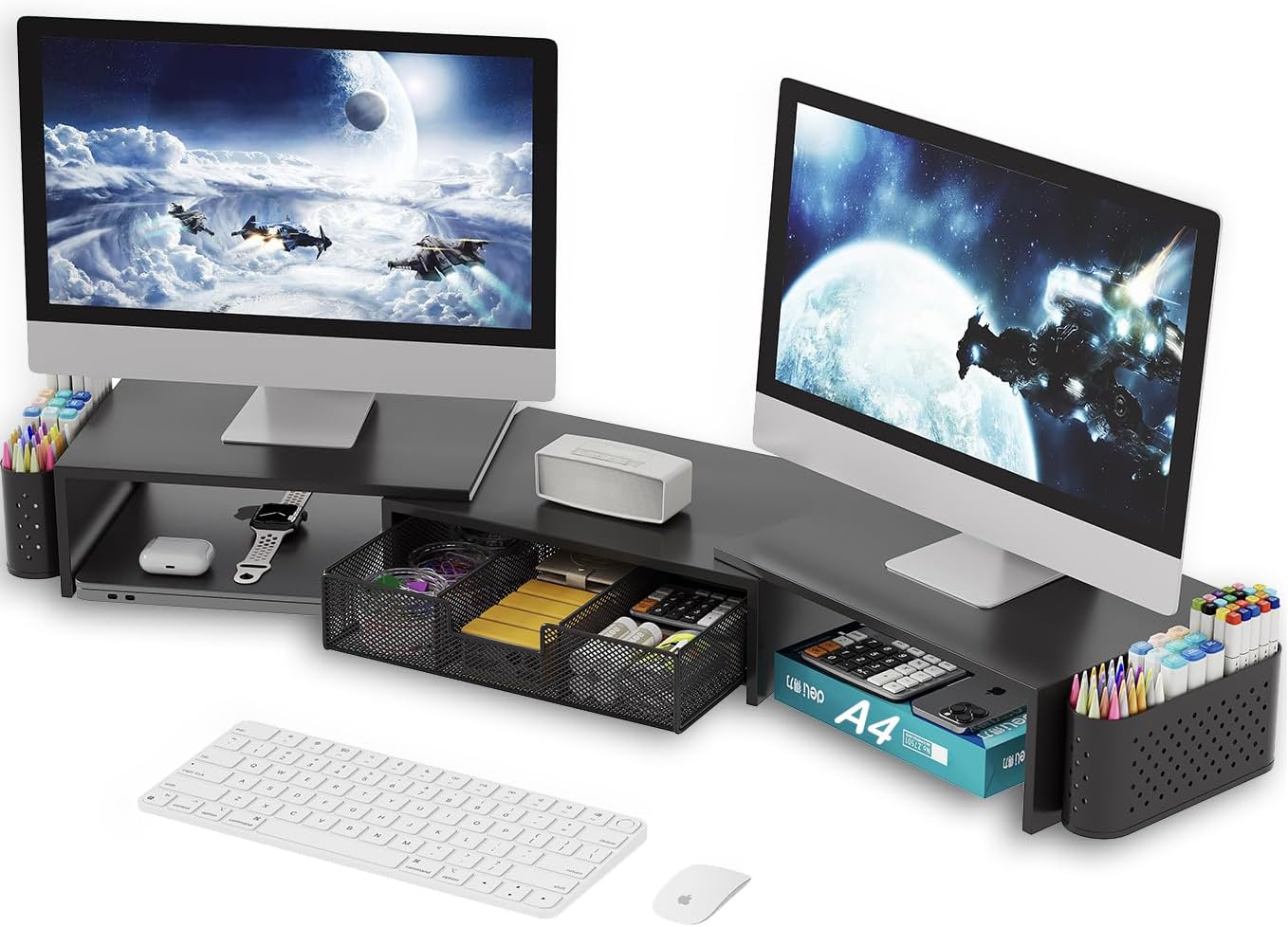 Dual Monitor Stand Riser with Drawer & 2 Pen Holders,Desk Organizer Storage Stand for Laptop,Printer,Computer,Black thumbnail 1