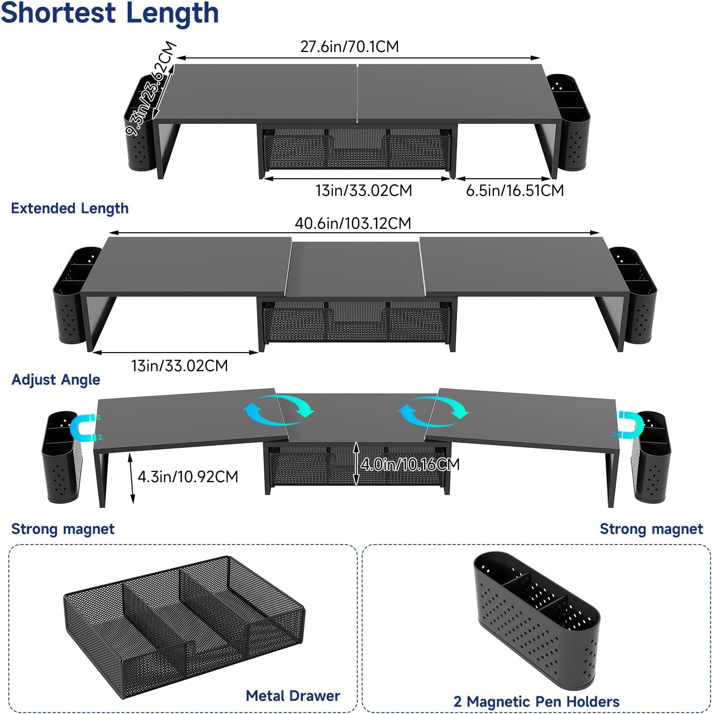 Dual Monitor Stand Riser with Drawer & 2 Pen Holders,Desk Organizer Storage Stand for Laptop,Printer,Computer,Black thumbnail 2