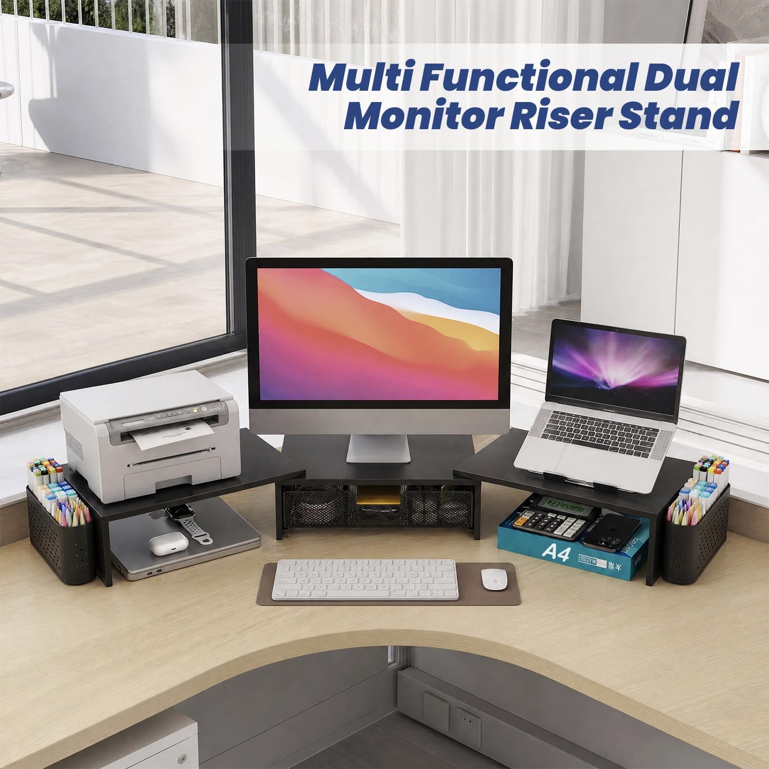 Dual Monitor Stand Riser with Drawer & 2 Pen Holders,Desk Organizer Storage Stand for Laptop,Printer,Computer,Black thumbnail 3