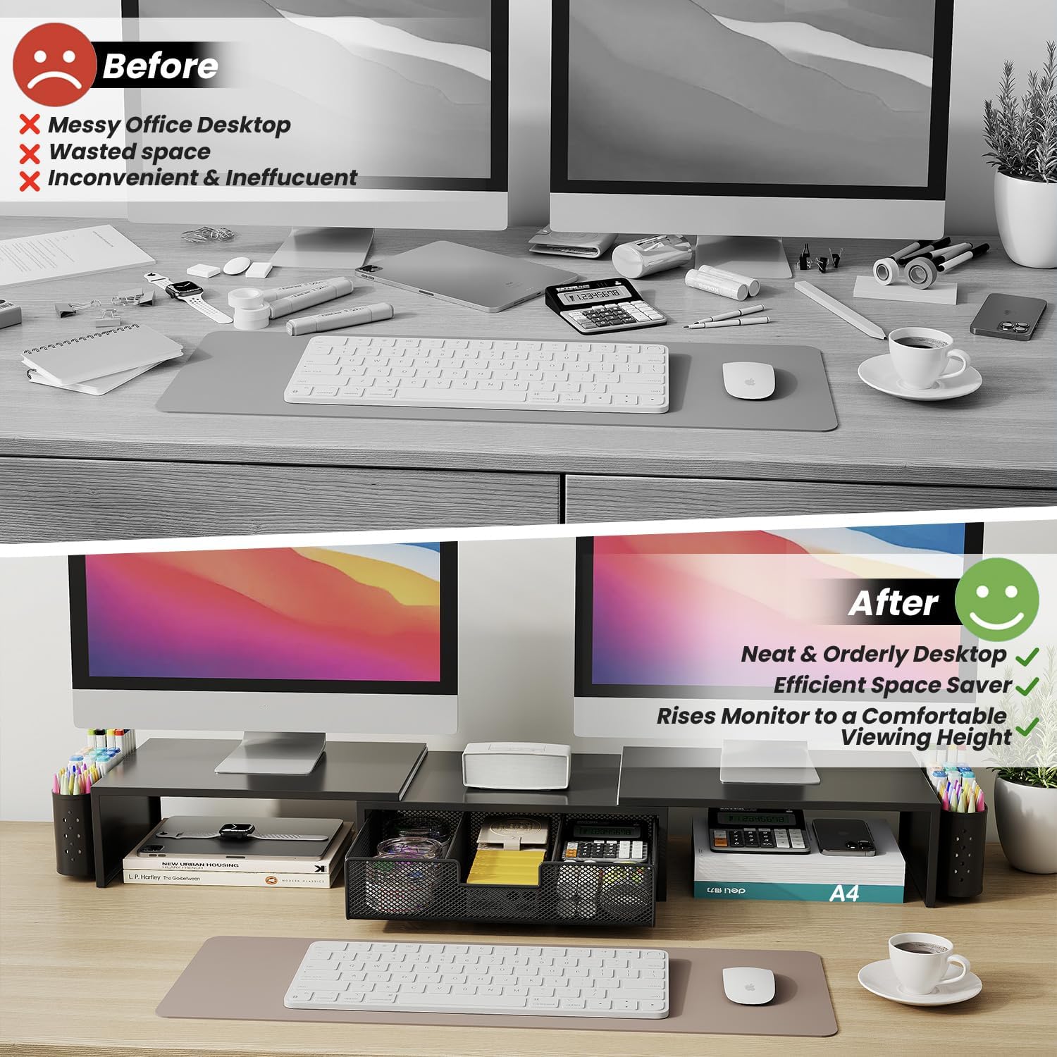 Dual Monitor Stand Riser with Drawer & 2 Pen Holders,Desk Organizer Storage Stand for Laptop,Printer,Computer,Black thumbnail 4