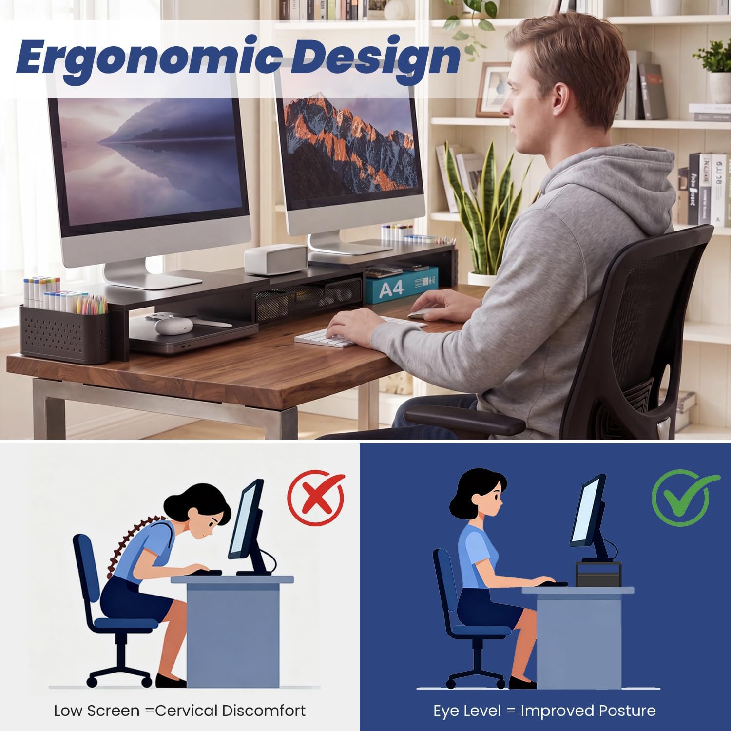 Dual Monitor Stand Riser with Drawer & 2 Pen Holders,Desk Organizer Storage Stand for Laptop,Printer,Computer,Black thumbnail 5
