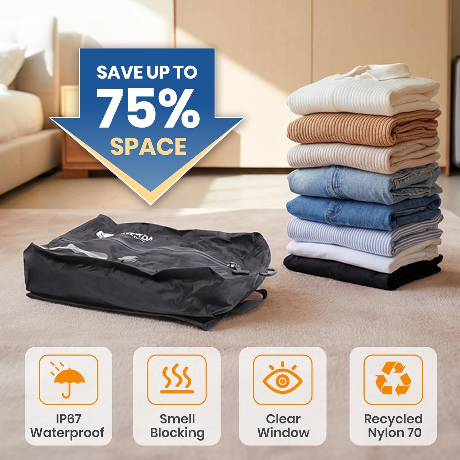 Vacuum Storage Bag with Wireless Portable Electric Air Pump, Lightweight Durable Vacuum Sealer Compression Bag, Reusable Space Saver Storage Bag for Cloths, Travel, Luggage Storage