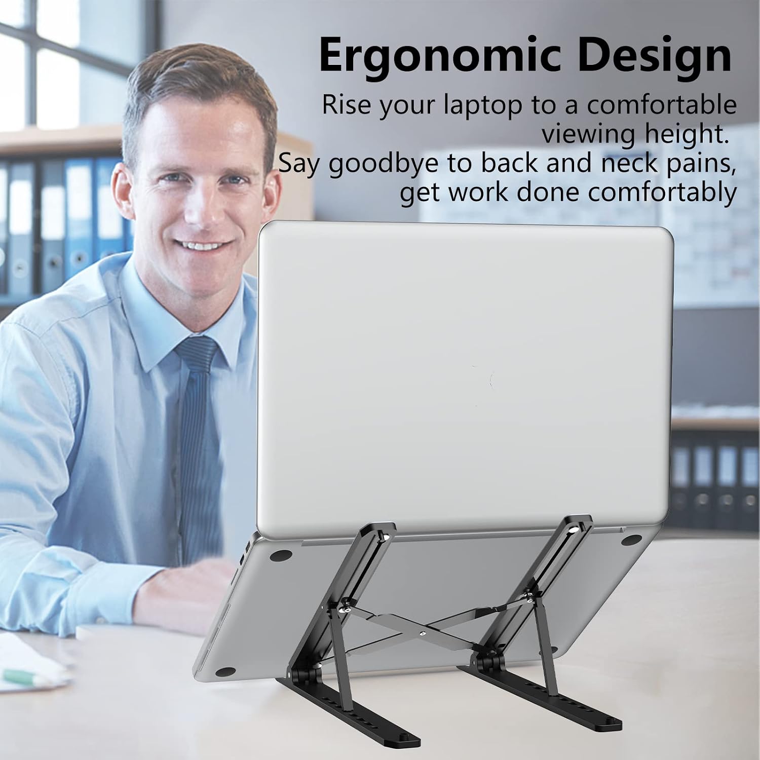 Laptop Stand for Desk, Adjustable Laptop Riser ABS+Silicone Foldable Portable Laptop Holder, Ventilated Cooling Pad Notebook Stand for 10-15.6” Laptops,Tablet-Black thumbnail 2