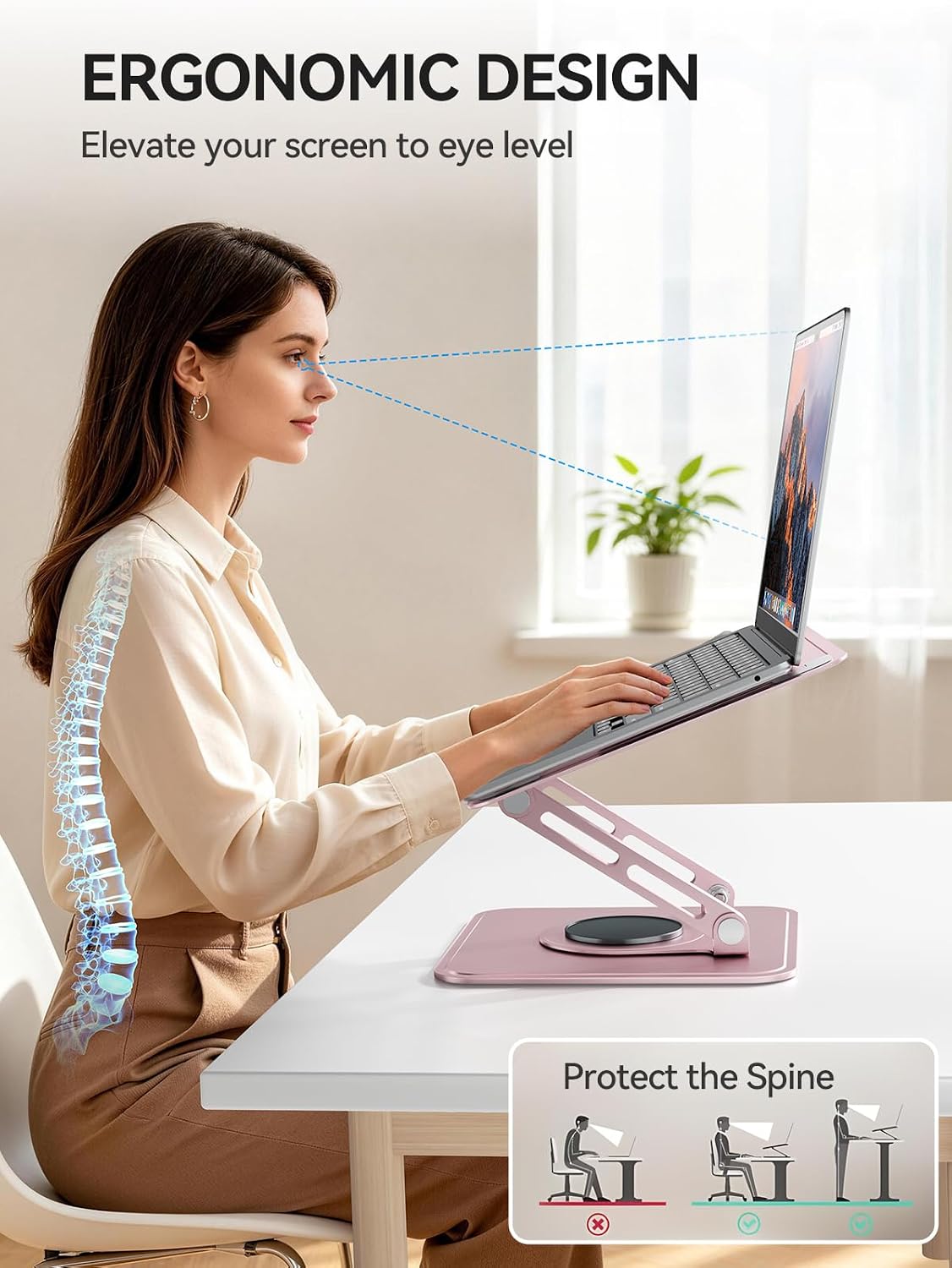 tounee Laptop Stand for Desk, Adjustable Computer Stand Holder with 360° Rotating Base, Ergonomic Laptop Riser Compatible with MacBook Pro Air, All Laptops 10-15.6"-Pink thumbnail 2