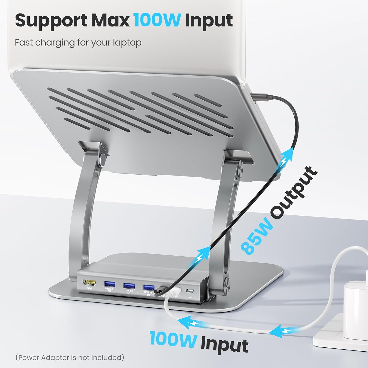 Tounee Laptop Stand with Detachable USB-C Hub, 100W PD Charging, 4K@60Hz HDMI, USB-A & USB-C 3.0 Ports, Host Port, Ergonomic Aluminum Laptop Holder for 10-17" Laptops, MacBook & Mo thumbnail 4