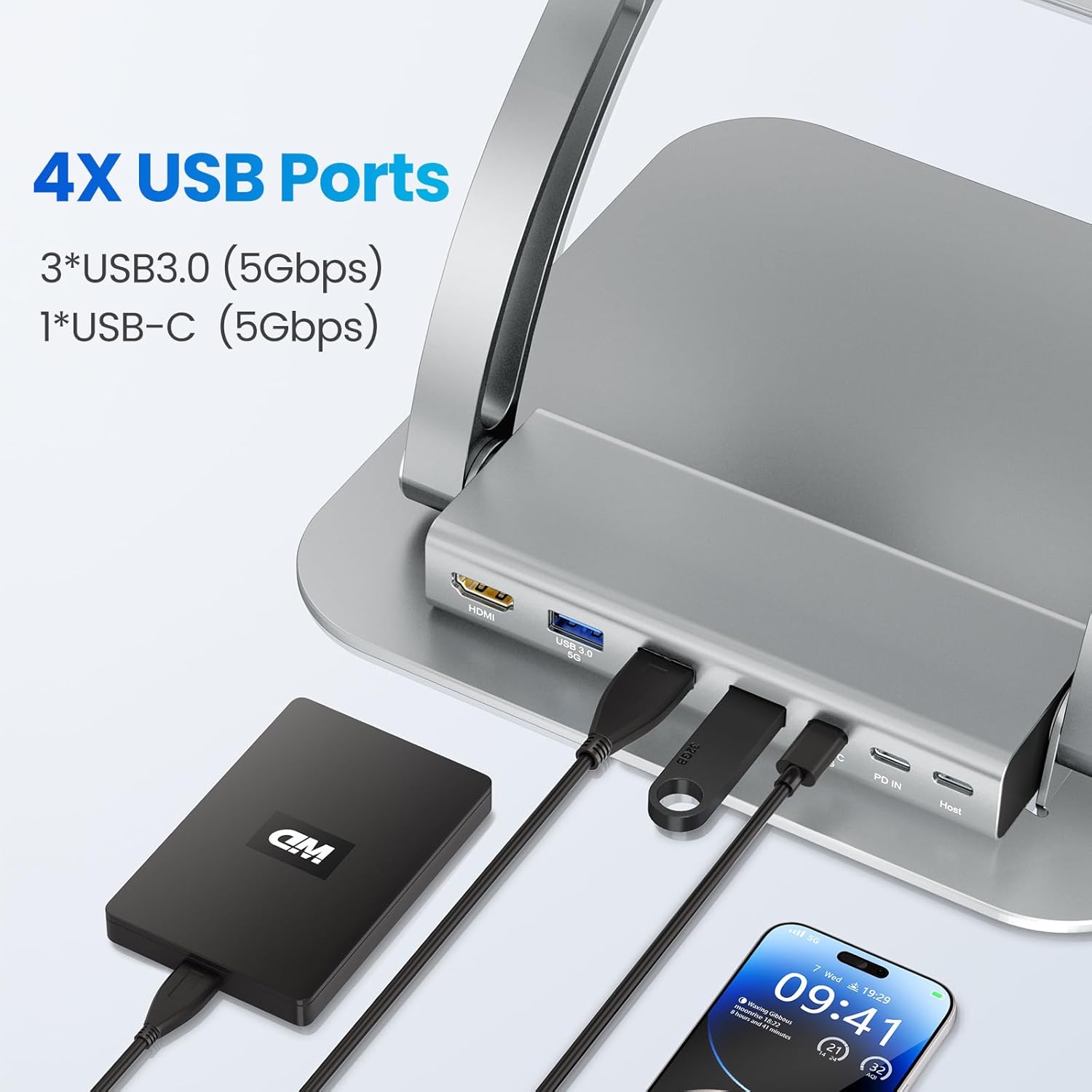 Tounee Laptop Stand with Detachable USB-C Hub, 100W PD Charging, 4K@60Hz HDMI, USB-A & USB-C 3.0 Ports, Host Port, Ergonomic Aluminum Laptop Holder for 10-17" Laptops, MacBook & Mo thumbnail 5