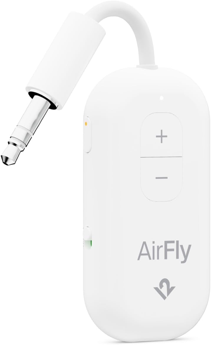 Twelve South AirFly Pro 2 Bluetooth Adapter for Airplane, Pair 2 AirPods or Wireless Headphones – 3.5mm AUX Bluetooth Transmitter and Receiver for Cars, Boats, Treadmills, TVs & Mo