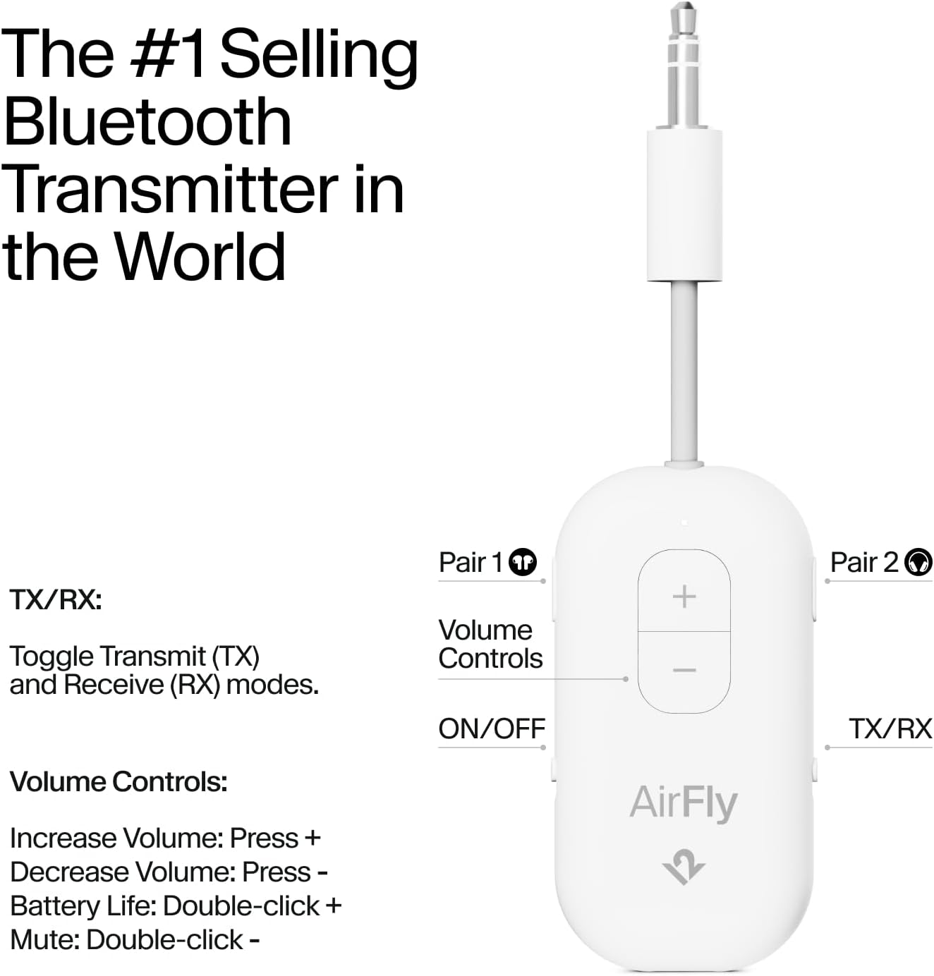 Twelve South AirFly Pro 2 Bluetooth Adapter for Airplane, Pair 2 AirPods or Wireless Headphones – 3.5mm AUX Bluetooth Transmitter and Receiver for Cars, Boats, Treadmills, TVs & Mo