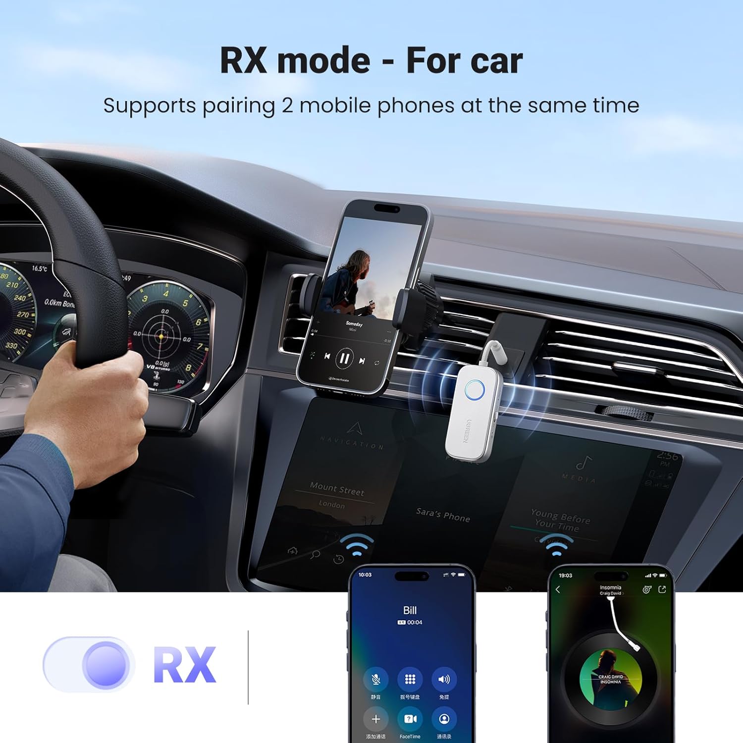 UGREEN 2 in 1 Bluetooth Transmitter and Receiver for Airplane Bleutooth 5.4 Audio Adapter with 3.5mm Aux Jack Compatible with Car, TV, Stereo System, Bluetooth Audio Splitter for A