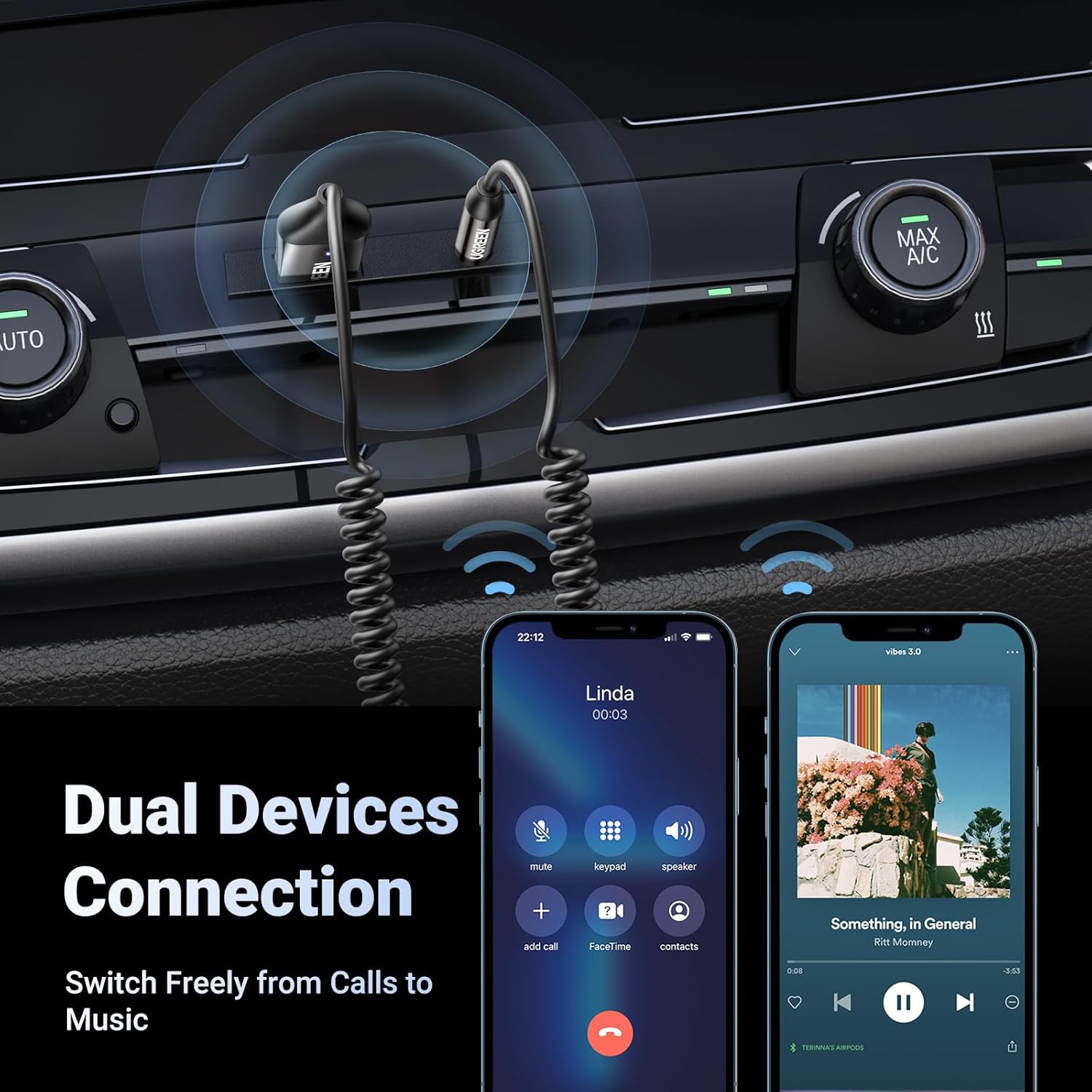 UGREEN Aux to Bluetooth 6.0 Adapter 3.5mm Bluetooth Receiver for Car USB 2.0 to 3.5mm Jack Kit with Built in Microphone Aux Input for Hands Free Calls Compatible with Car Speaker a