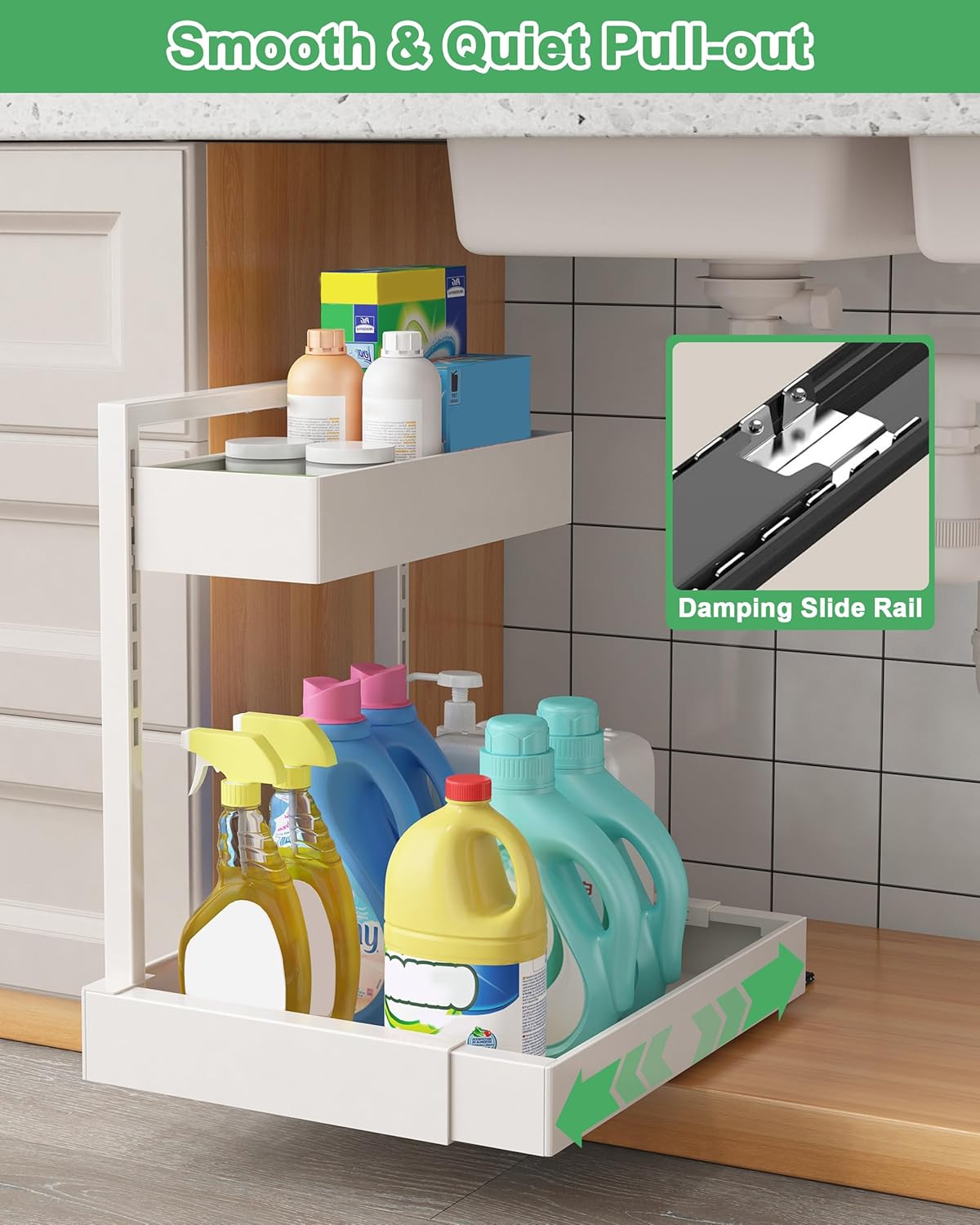UMDONX Under Sink Organizer Kitchen Storage, 2 Tier Expandable Pull Out Cabinet Rack Tidy 6 Height Adjustable Option, Durable Metal White