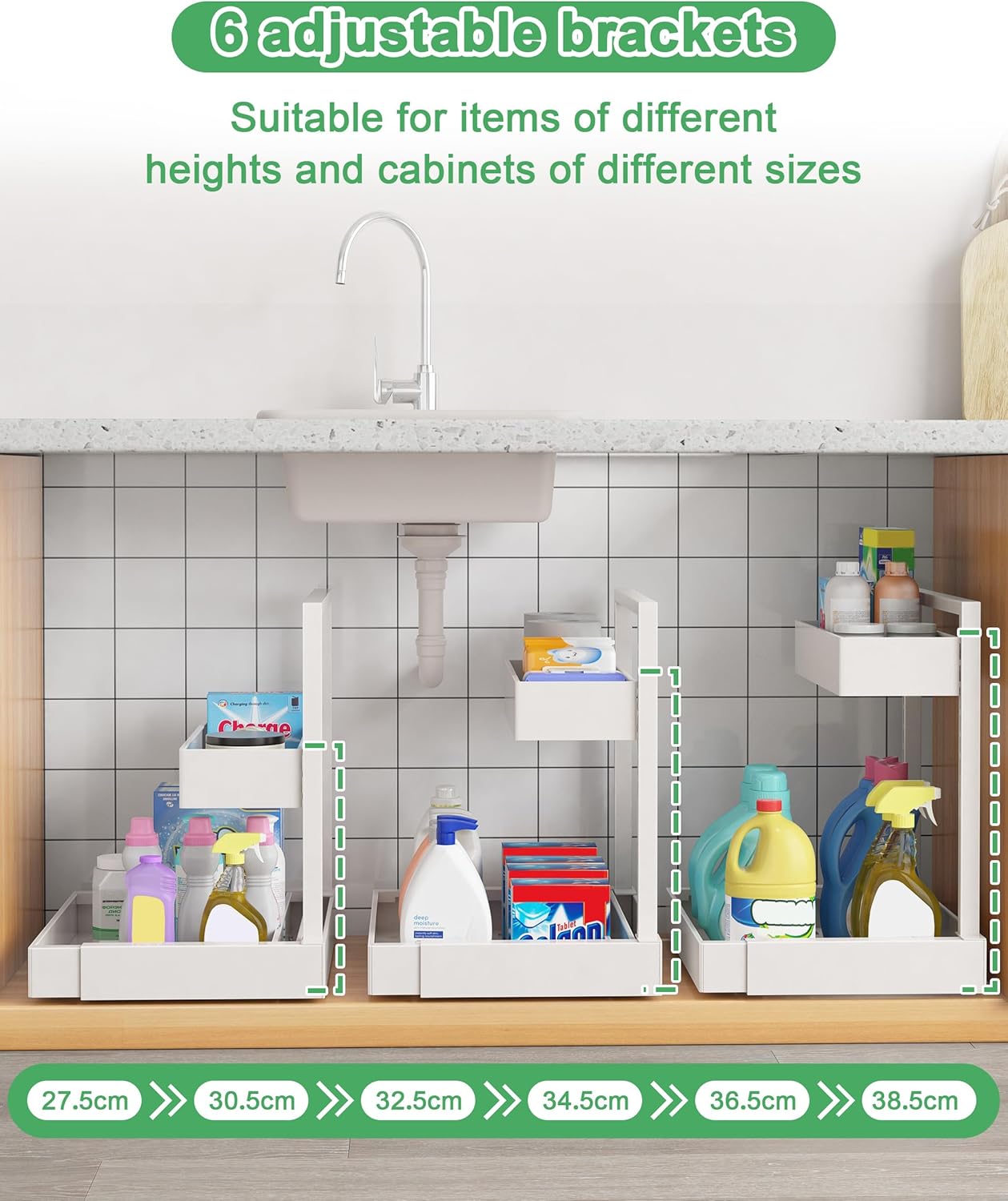 UMDONX Under Sink Organizer Kitchen Storage, 2 Tier Expandable Pull Out Cabinet Rack Tidy 6 Height Adjustable Option, Durable Metal White