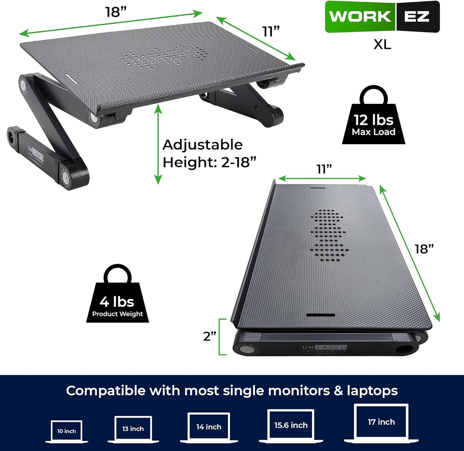 Uncaged Ergonomics WorkEZ Adjustable Laptop Stand for Desk, Laptop Stand Adjustable Height, Foldable Aluminum Cooling Computer Holder & Riser for Desk Bed, Black, XL thumbnail 4