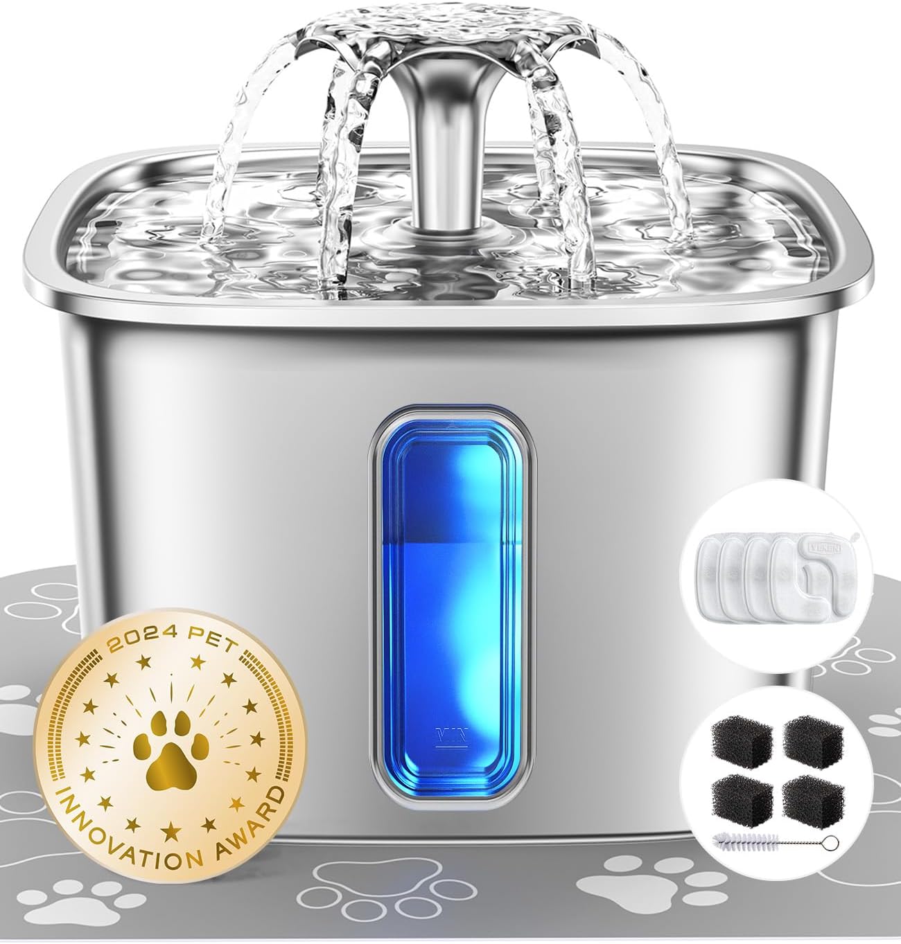 Veken Innovation Award Winner Stainless Steel Cat Water Fountain, 108oz/3.2L Pet Fountain with 4 Replacement Filters & 4 Pre-Filter Sponges & Silicone Mat, for Cats, Dogs (Silver)