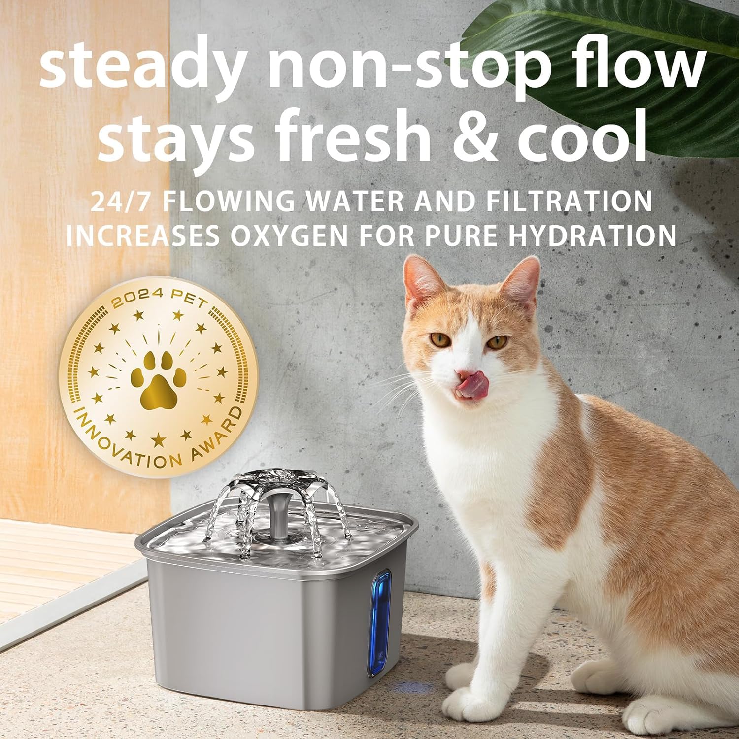 Veken Innovation Award Winner Stainless Steel Cat Water Fountain, 108oz/3.2L Pet Fountain with 4 Replacement Filters & 4 Pre-Filter Sponges & Silicone Mat, for Cats, Dogs (Silver)