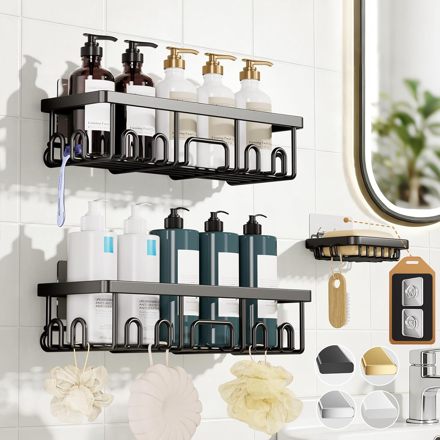 Veken Large Capacity Shower Caddy 3-Pack, No Drilling Adhesive Rack with Soap Holder, Rustproof & Waterproof Shelves, Bathroom Organizers and Storage, Wall-Mounted Kitchen & Home Decor, Black
