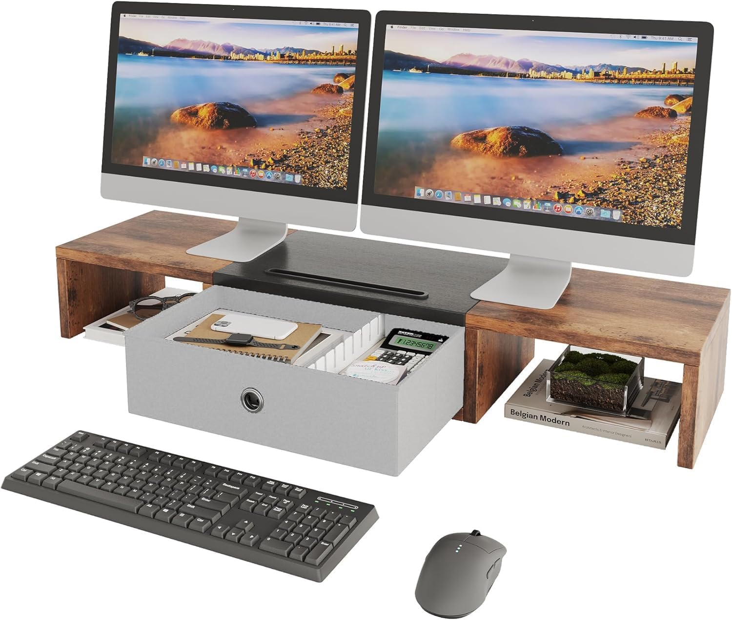 Vermess Monitor Stand Riser, 36" Dual Monitor Riser with Drawer & Slot, Desktop Organizer for 2 Computer Monitor, Laptop, TV Stand with Storage, Vintage thumbnail 1