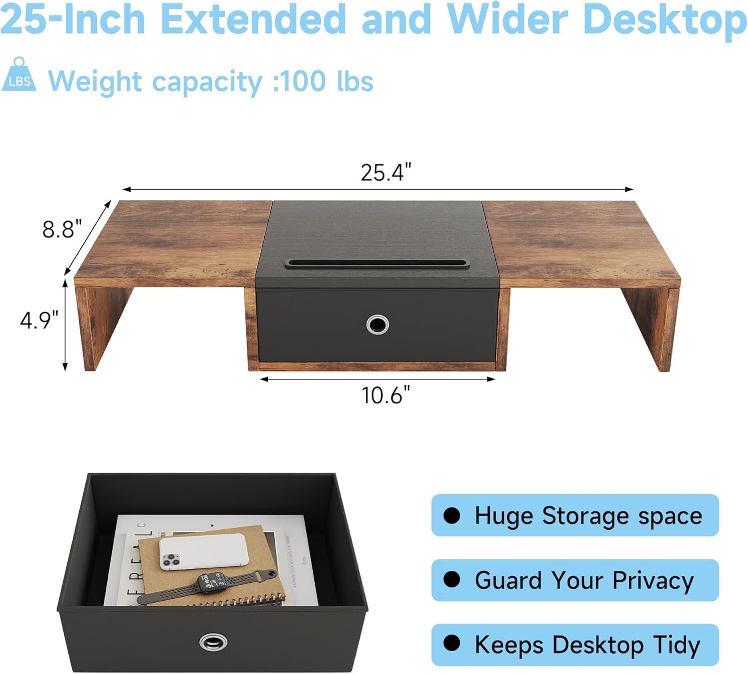 Vermess Monitor Stand Riser, 36" Dual Monitor Riser with Drawer & Slot, Desktop Organizer for 2 Computer Monitor, Laptop, TV Stand with Storage, Vintage thumbnail 2