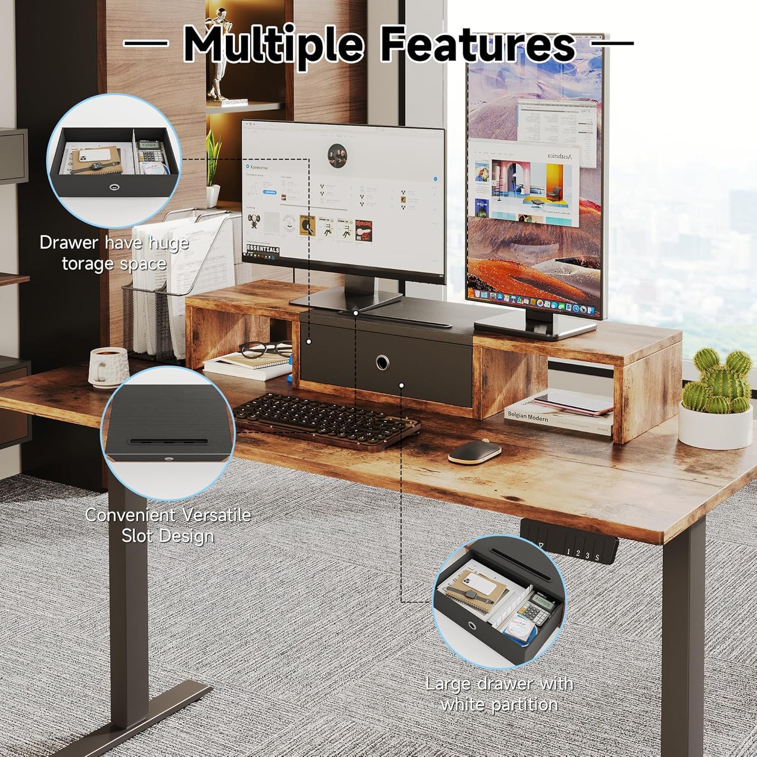 Vermess Monitor Stand Riser, 36" Dual Monitor Riser with Drawer & Slot, Desktop Organizer for 2 Computer Monitor, Laptop, TV Stand with Storage, Vintage thumbnail 3