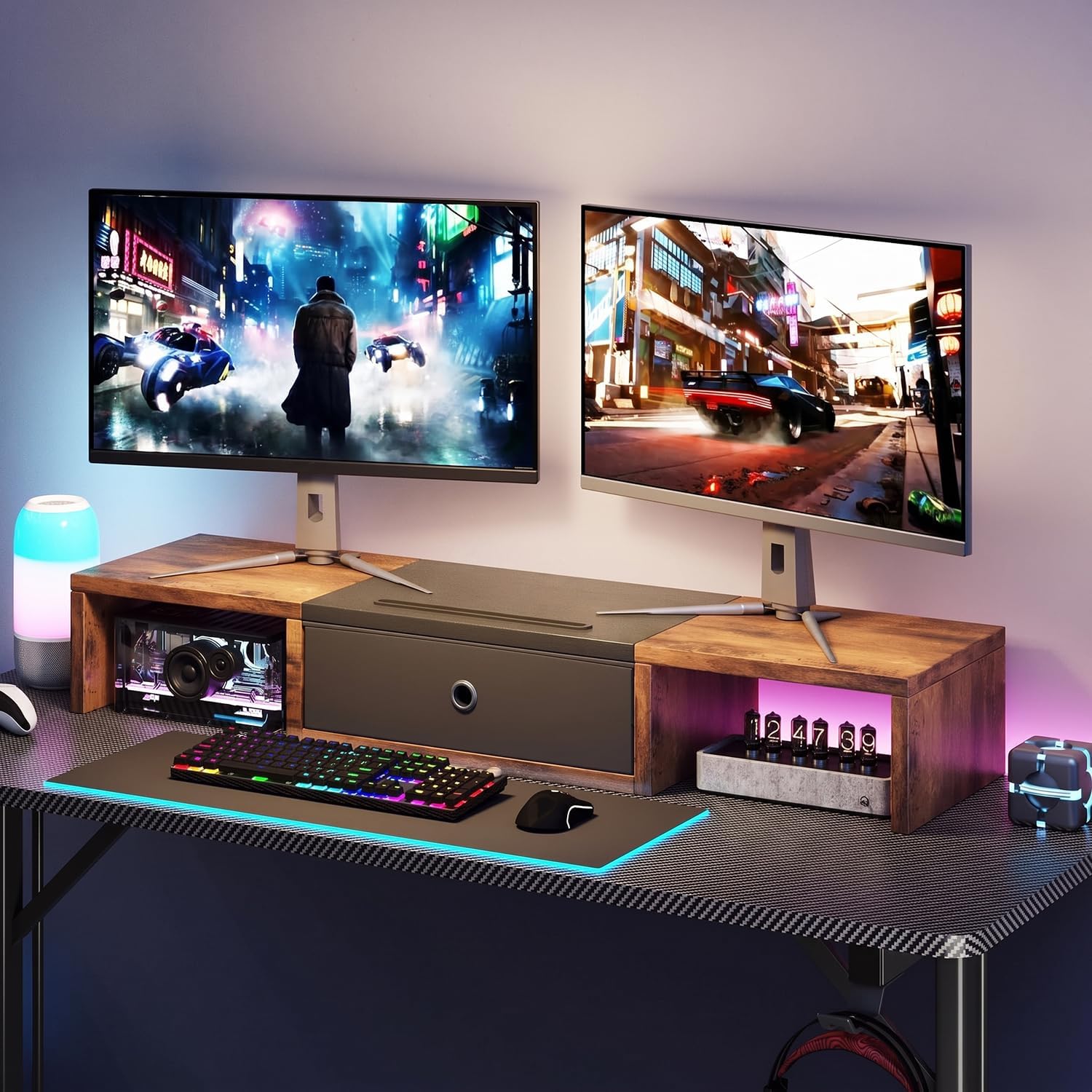 Vermess Monitor Stand Riser, 36" Dual Monitor Riser with Drawer & Slot, Desktop Organizer for 2 Computer Monitor, Laptop, TV Stand with Storage, Vintage thumbnail 4