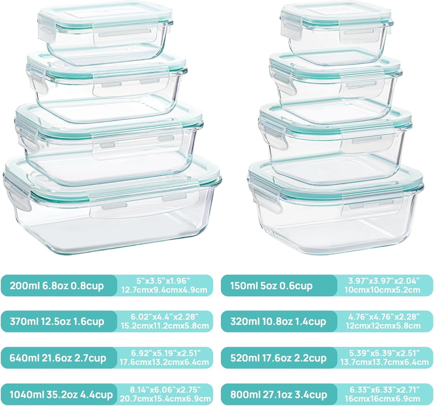 Vtopmart 8 Pack Glass Container Food Storage, Glass Meal Prep Containers with Lids, Airtight Lunch Boxes with Leak Proof Locking Lids, for Microwave, Oven, Freezer and Dishwasher,