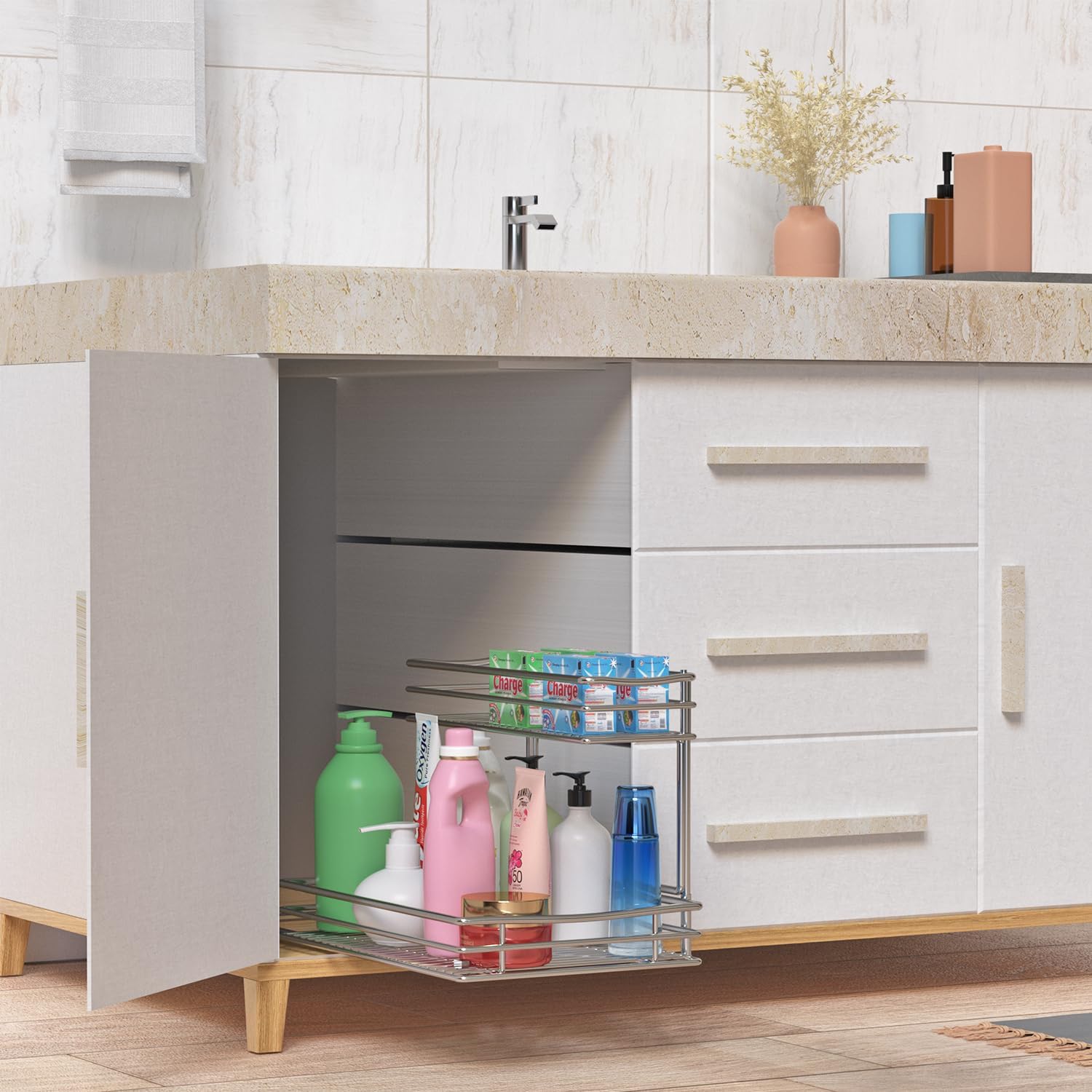 Pull Out Cabinet Organizer, 2 Tier Under Sink Organizers and Storage, Multi Purpose Sliding Cabinet Basket Organizer for Bathroom Kitchen Countertop Stainless Steel Shelf Holder 11