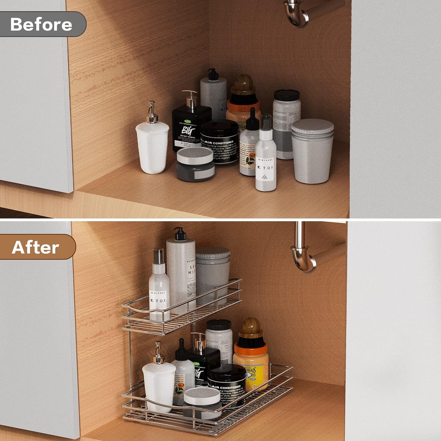 Pull Out Cabinet Organizer, 2 Tier Under Sink Organizers and Storage, Multi Purpose Sliding Cabinet Basket Organizer for Bathroom Kitchen Countertop Stainless Steel Shelf Holder 11