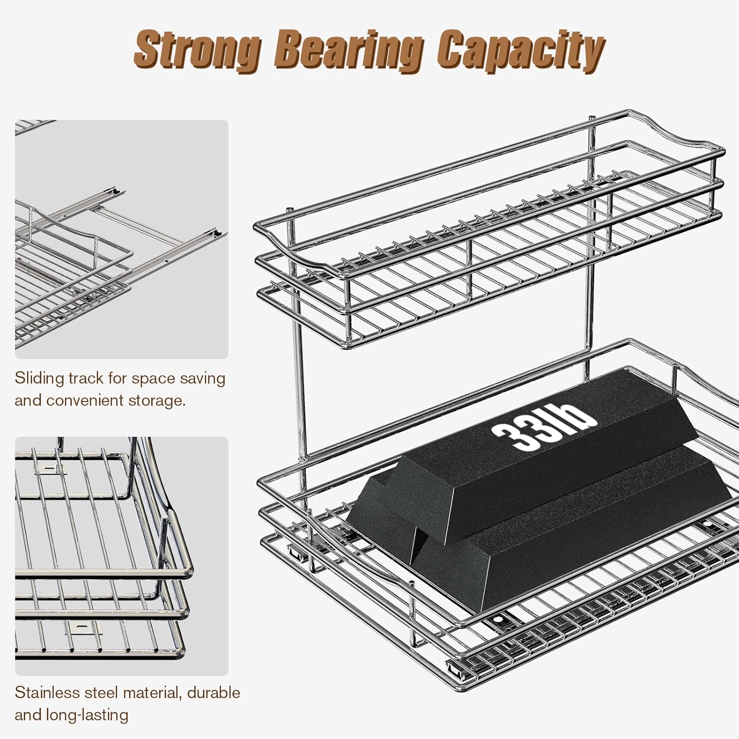 Pull Out Cabinet Organizer, 2 Tier Under Sink Organizers and Storage, Multi Purpose Sliding Cabinet Basket Organizer for Bathroom Kitchen Countertop Stainless Steel Shelf Holder 11