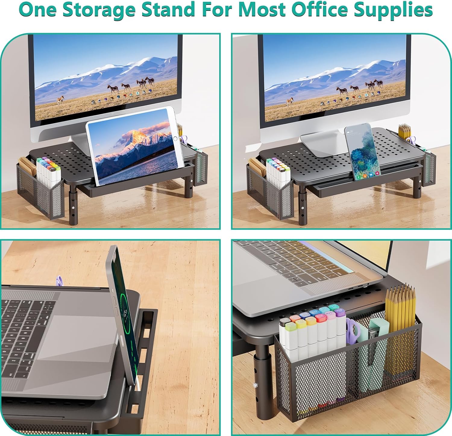 WALI Computer Monitor Stand with Storage, Desk Organizer with Drawer and Pen Holder, Desk Monitor Riser 3 Height Adjustable, Laptop Riser for Computer, Laptop, Printer (STT003DH-B) thumbnail 4
