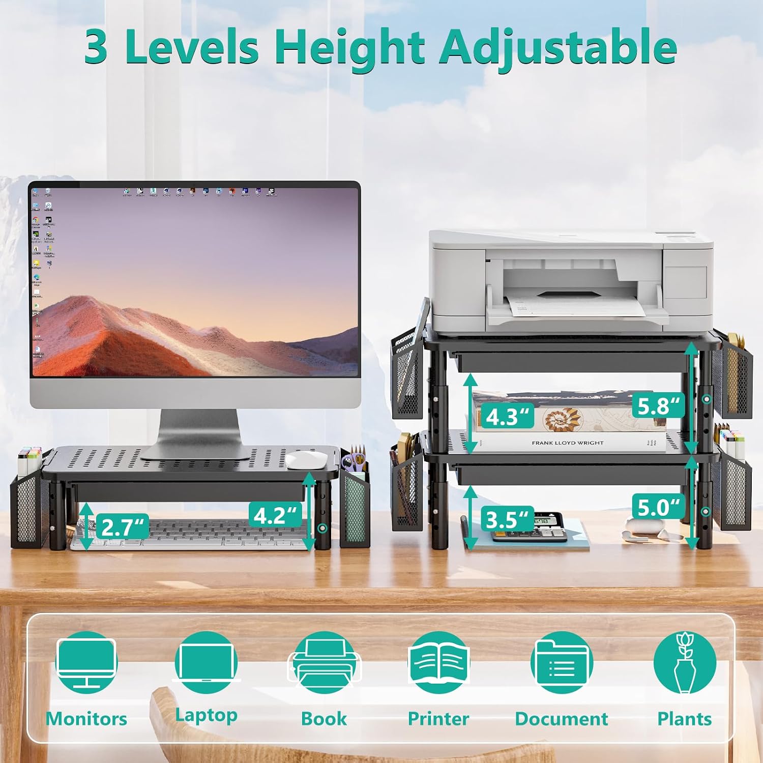 WALI Computer Monitor Stand with Storage, Desk Organizer with Drawer and Pen Holder, Desk Monitor Riser 3 Height Adjustable, Laptop Riser for Computer, Laptop, Printer (STT003DH-B) thumbnail 5
