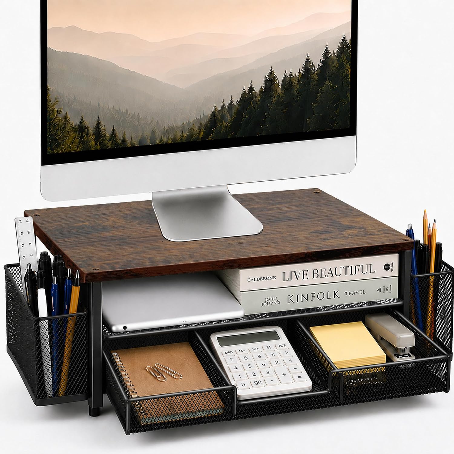 Wood Monitor Stand Riser with Drawer & 2 Pen Holders