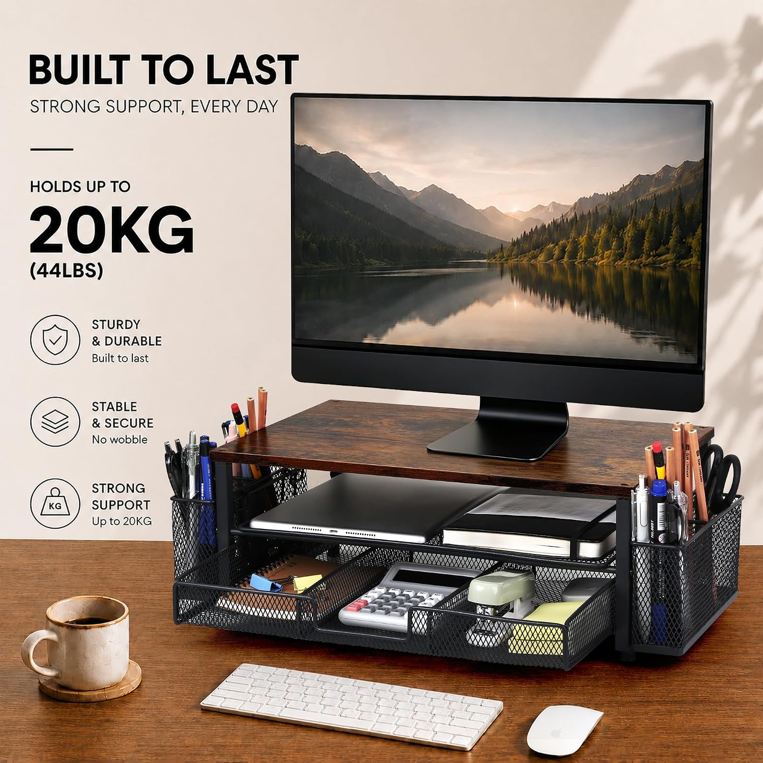 Wood Monitor Stand Riser with Drawer & 2 Pen Holders