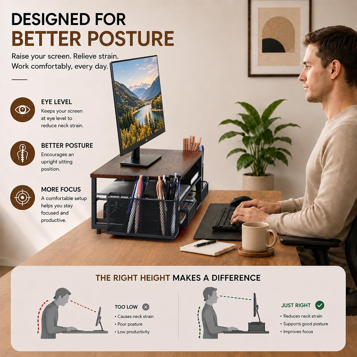 Wood Monitor Stand Riser with Drawer & 2 Pen Holders